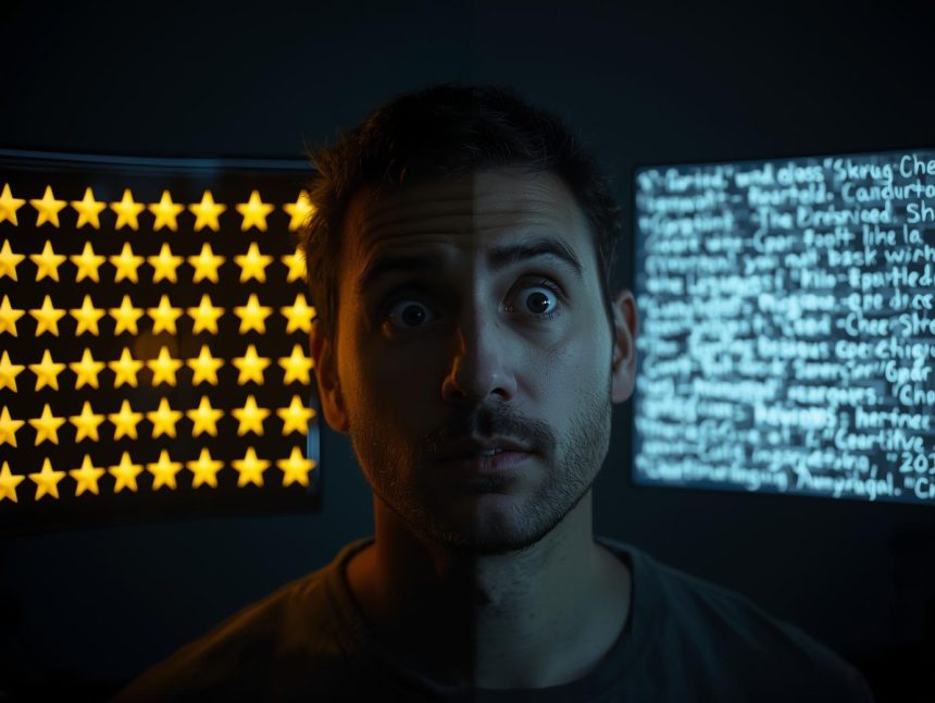A skeptical consumer’s face reflecting star ratings and review icons, symbolizing digital trust challenges and review authenticity in 2025.