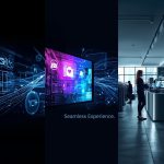 Shopper surrounded by connected digital channels — mobile, web, and in-store — linked through AI data streams, symbolizing omnichannel personalization and seamless experiences in 2025.