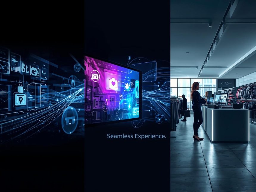 Shopper surrounded by connected digital channels — mobile, web, and in-store — linked through AI data streams, symbolizing omnichannel personalization and seamless experiences in 2025.