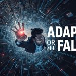 Digital marketer standing amid a collapsing data wall with one rising green arrow symbolizing resilience and recovery in digital marketing crises.