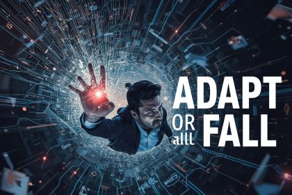 Digital marketer standing amid a collapsing data wall with one rising green arrow symbolizing resilience and recovery in digital marketing crises.