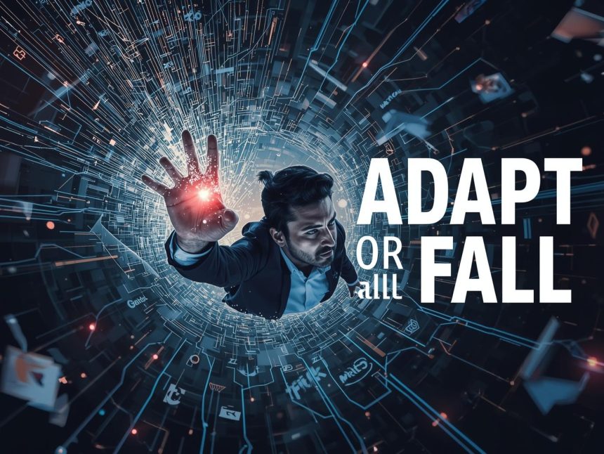 Digital marketer standing amid a collapsing data wall with one rising green arrow symbolizing resilience and recovery in digital marketing crises.