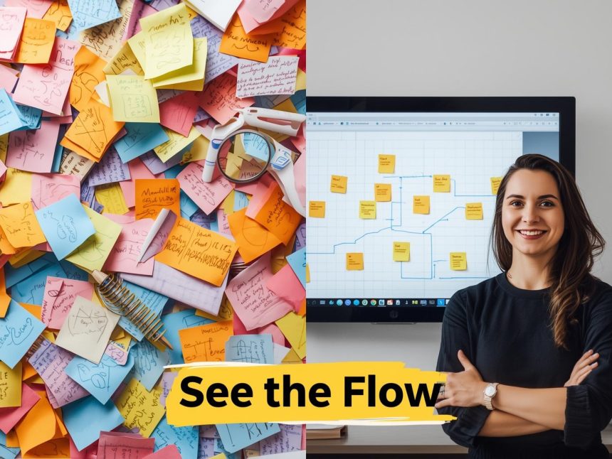 A marketer visualizing a glowing customer journey map showing key touchpoints and best practices for mapping success.