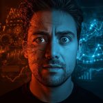 A marketer surrounded by glowing data visualizations and analytics charts representing the power of data-driven marketing in 2025.