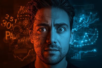 A marketer surrounded by glowing data visualizations and analytics charts representing the power of data-driven marketing in 2025.