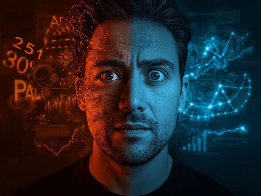 A marketer surrounded by glowing data visualizations and analytics charts representing the power of data-driven marketing in 2025.