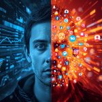 A marketer standing between two glowing worlds representing performance marketing and digital marketing, highlighting their differences and impact in 2025.