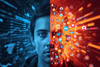 A marketer standing between two glowing worlds representing performance marketing and digital marketing, highlighting their differences and impact in 2025.