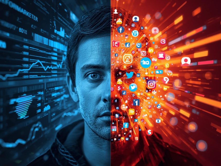 A marketer standing between two glowing worlds representing performance marketing and digital marketing, highlighting their differences and impact in 2025.