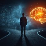 Business professional choosing between data analytics and instinct, representing the importance of marketing analytics in modern decision-making.