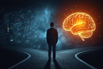 Business professional choosing between data analytics and instinct, representing the importance of marketing analytics in modern decision-making.