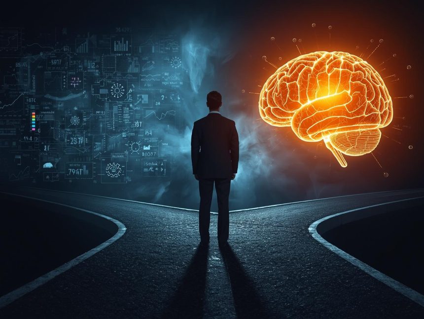 Business professional choosing between data analytics and instinct, representing the importance of marketing analytics in modern decision-making.