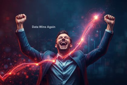 Confident marketer analyzing data dashboards showing improved marketing performance, symbolizing successful data-driven strategies in 2025.