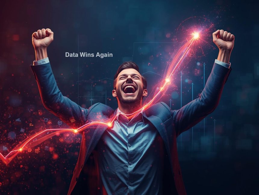 Confident marketer analyzing data dashboards showing improved marketing performance, symbolizing successful data-driven strategies in 2025.