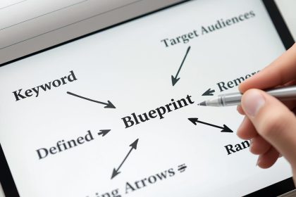 Digital marketer analyzing a glowing keyword map and ranking data, symbolizing keyword targeting and optimization for e-commerce product listings.