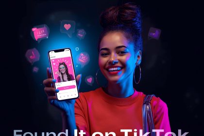Shopper holding a smartphone displaying a TikTok Shop product video with glowing engagement icons, symbolizing discovery-driven social commerce.