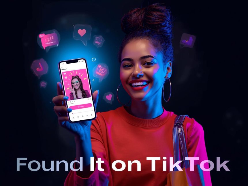 Shopper holding a smartphone displaying a TikTok Shop product video with glowing engagement icons, symbolizing discovery-driven social commerce.