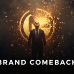 Business leader rebuilding a shattered brand logo glowing with light, symbolizing recovery and restored trust after a crisis.