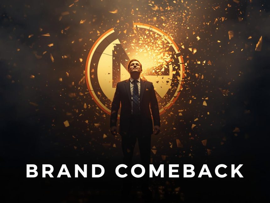 Business leader rebuilding a shattered brand logo glowing with light, symbolizing recovery and restored trust after a crisis.