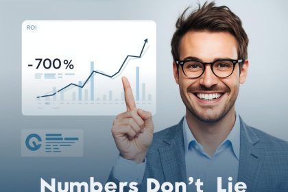 Digital marketer watching analytics data transform into revenue, representing the measurement of ROI in data-driven marketing.