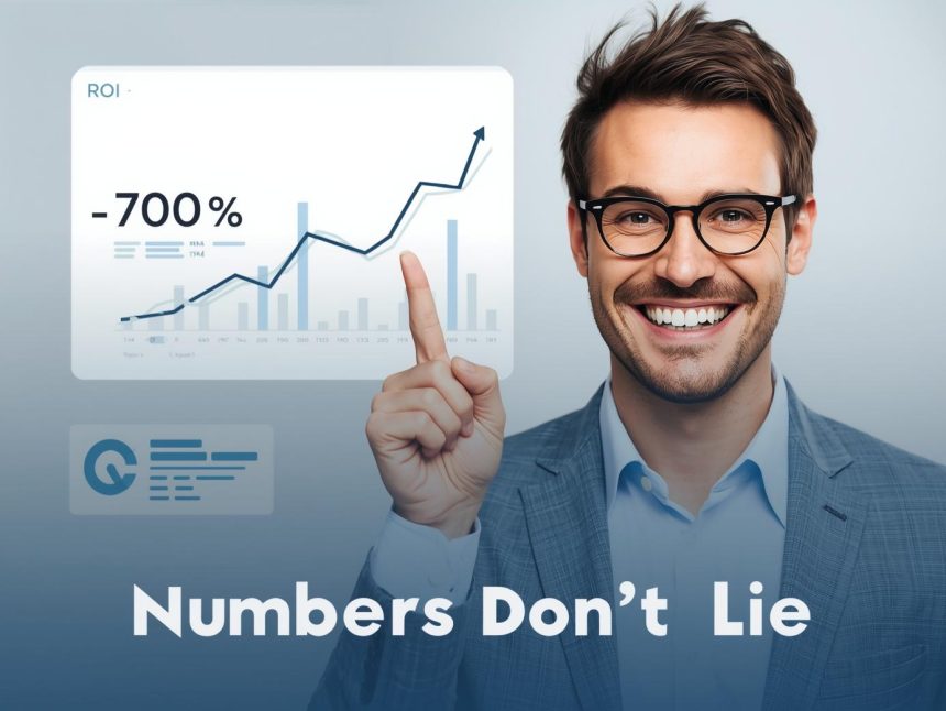 Digital marketer watching analytics data transform into revenue, representing the measurement of ROI in data-driven marketing.