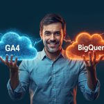 A digital marketer connecting Google Analytics 4 and BigQuery through a glowing data interface, symbolizing seamless integration and advanced analytics for smarter e-commerce insights.