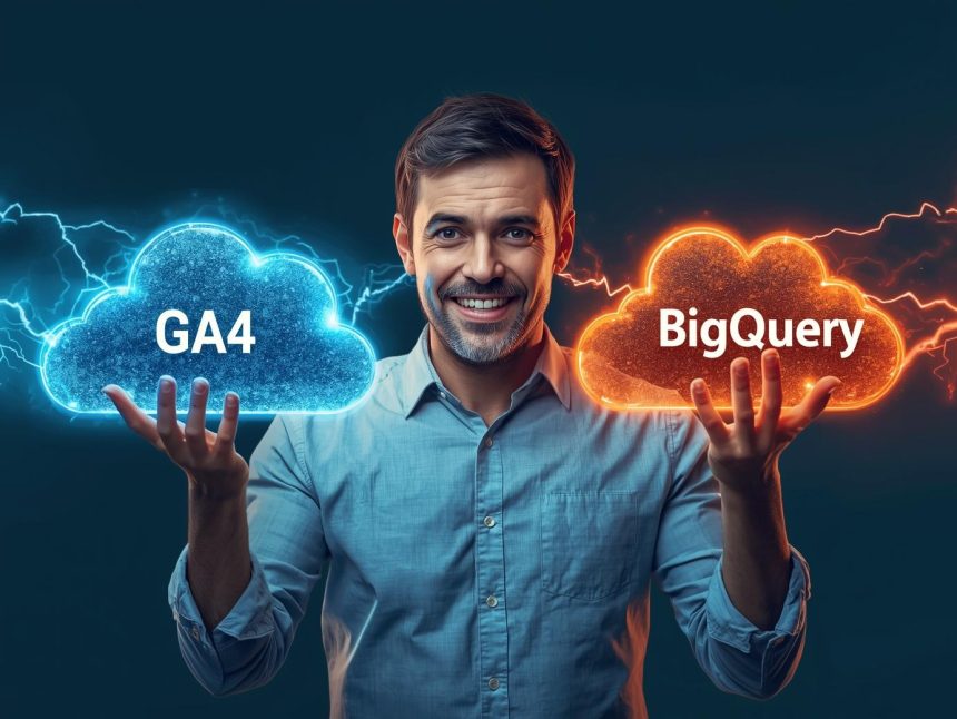 A digital marketer connecting Google Analytics 4 and BigQuery through a glowing data interface, symbolizing seamless integration and advanced analytics for smarter e-commerce insights.