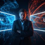 Digital marketer comparing GA4 and Universal Analytics dashboards, symbolizing the transition to Google’s new data model.