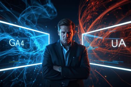 Digital marketer comparing GA4 and Universal Analytics dashboards, symbolizing the transition to Google’s new data model.