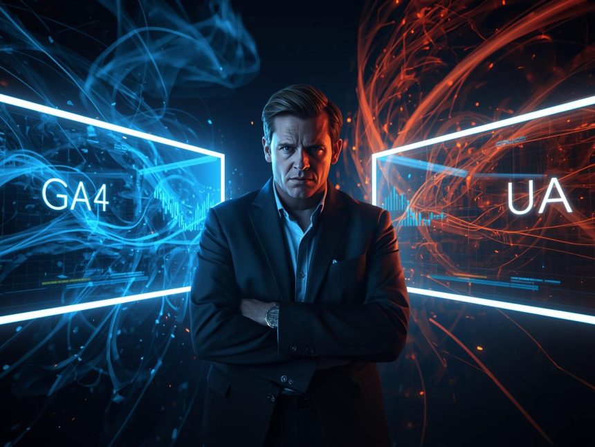 Digital marketer comparing GA4 and Universal Analytics dashboards, symbolizing the transition to Google’s new data model.