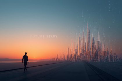 A digital composite of a human and AI face merging, symbolizing the future of AI-powered thought leadership and generative marketing in 2025.