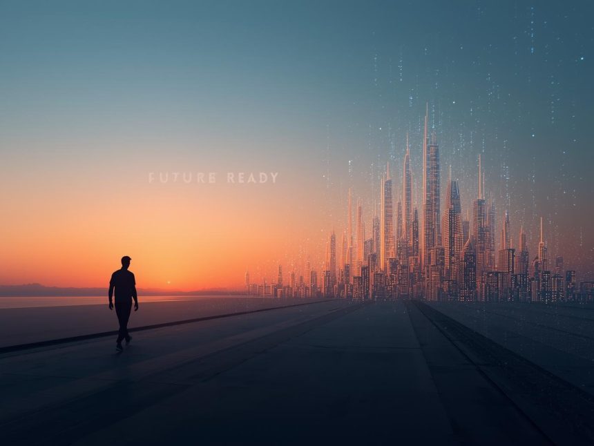 A digital composite of a human and AI face merging, symbolizing the future of AI-powered thought leadership and generative marketing in 2025.