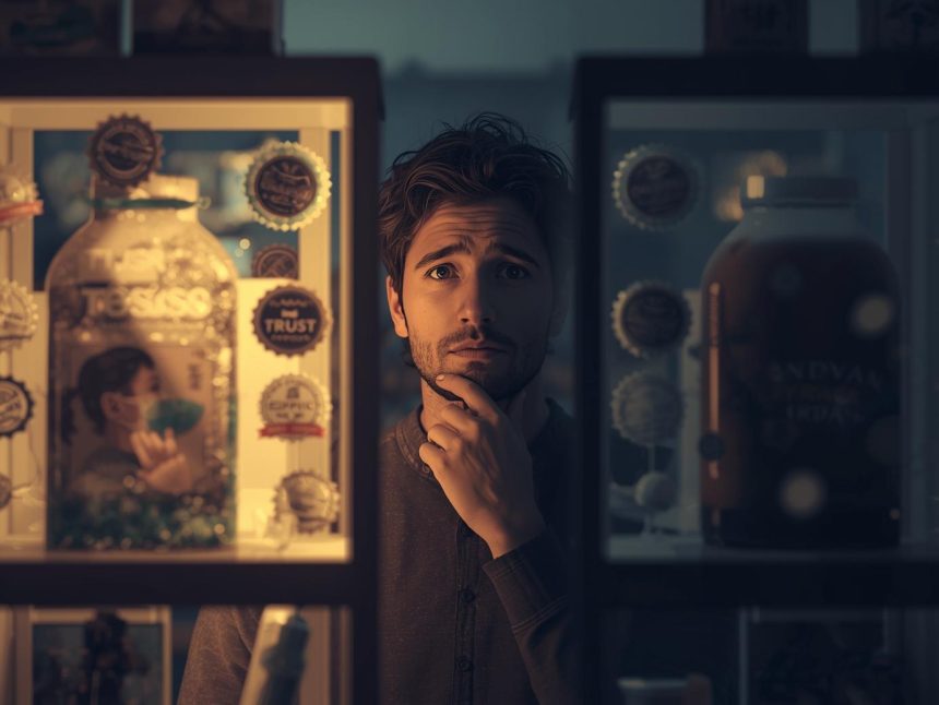 A confident customer making a purchase from a trustworthy brand, symbolizing how trust influences buying decisions in 2025.