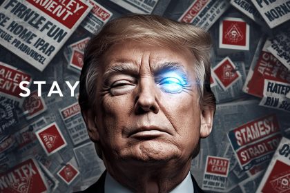 Confident leader steering a ship through a digital storm, symbolizing leadership and governance guiding organizations through uncertainty.