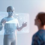 A beginner digital marketer setting up Google Analytics 4 with event tracking on a laptop, surrounded by glowing data icons representing website activity and engagement metrics.