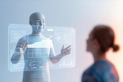 A beginner digital marketer setting up Google Analytics 4 with event tracking on a laptop, surrounded by glowing data icons representing website activity and engagement metrics.