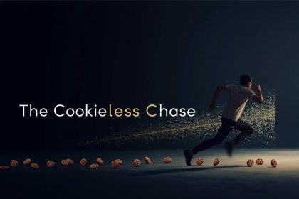 Confident marketer standing before a broken cookie symbol, representing privacy-first retargeting strategies in a cookieless world.