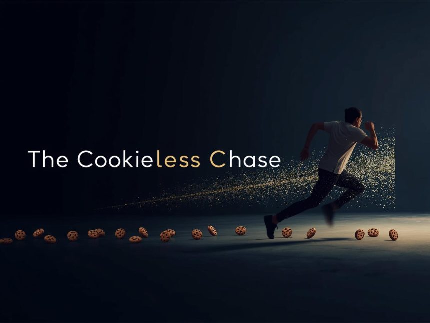 Confident marketer standing before a broken cookie symbol, representing privacy-first retargeting strategies in a cookieless world.