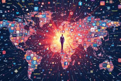 A professional surrounded by consistent social media profiles, symbolizing cross-platform personal branding and online identity alignment.