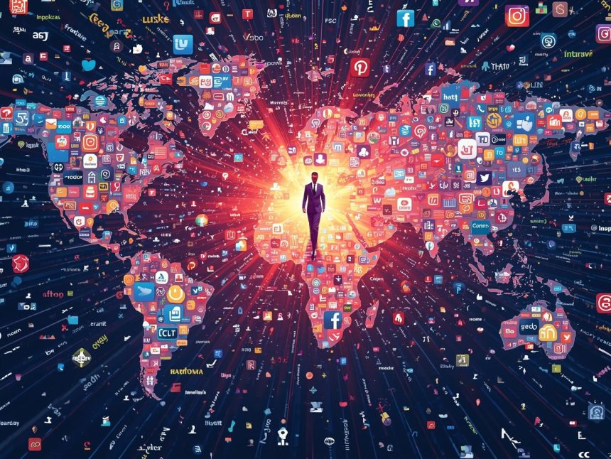 A professional surrounded by consistent social media profiles, symbolizing cross-platform personal branding and online identity alignment.