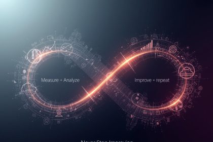Digital marketer reviewing a futuristic analytics dashboard with performance metrics and rising graphs, symbolizing continuous optimization for product listings.