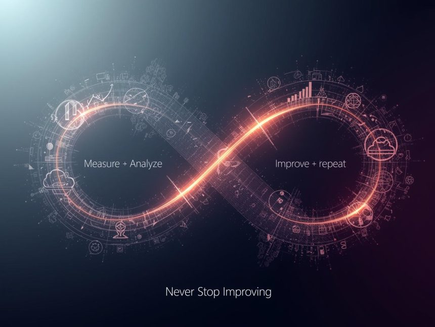 Digital marketer reviewing a futuristic analytics dashboard with performance metrics and rising graphs, symbolizing continuous optimization for product listings.