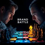 Confident marketer standing out from competitors in a strategic brand battle, symbolizing competitor-based brand positioning in 2025.