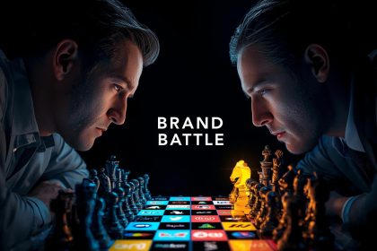 Confident marketer standing out from competitors in a strategic brand battle, symbolizing competitor-based brand positioning in 2025.