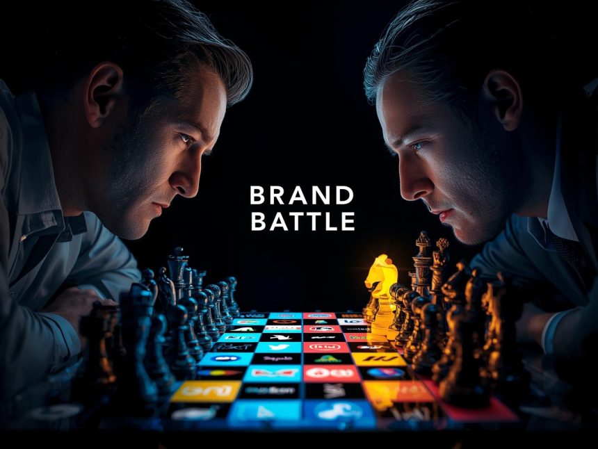 Confident marketer standing out from competitors in a strategic brand battle, symbolizing competitor-based brand positioning in 2025.