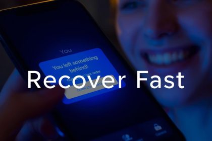 Smartphone displaying an SMS reminder with “You left something behind!” and a “Complete Purchase” button, symbolizing fast and personalized cart recovery through text messaging in 2025.