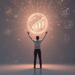 A digital marketer surrounded by predictive data visuals and AI analytics forecasting future customer behavior and ROI outcomes.