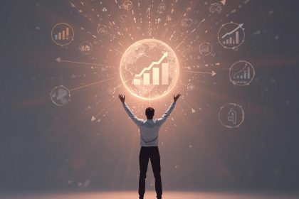 A digital marketer surrounded by predictive data visuals and AI analytics forecasting future customer behavior and ROI outcomes.