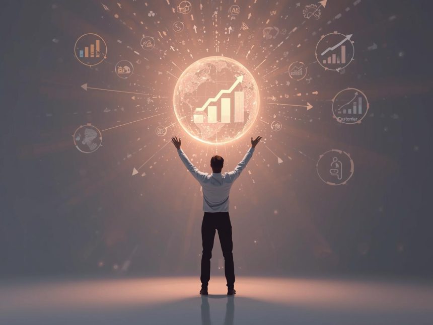 A digital marketer surrounded by predictive data visuals and AI analytics forecasting future customer behavior and ROI outcomes.