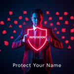 Marketer holding a glowing digital shield blocking negative comments, symbolizing strong online reputation management strategies in 2025.